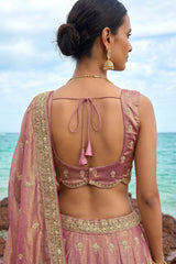 Rose Gold Metallic Tissue Lehenga Choli with Jharokha Pearl & Sequin Embroidery