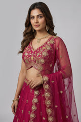 Cherry Red Tissue Lehenga Choli with Scalloped Jharokha and Peacock Embroidery