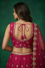 Cherry Red Tissue Lehenga Choli with Scalloped Jharokha and Peacock Embroidery