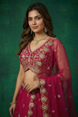 Cherry Red Tissue Lehenga Choli with Scalloped Jharokha and Peacock Embroidery