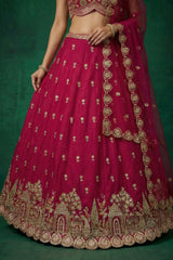 Cherry Red Tissue Lehenga Choli with Scalloped Jharokha and Peacock Embroidery