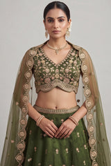 Mehendi Green Tissue Lehenga Choli with Scalloped Jharokha and Peacock Embroidery