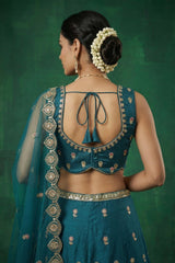 Teal Blue Tissue Lehenga Choli with Scalloped Jharokha and Peacock Embroidery