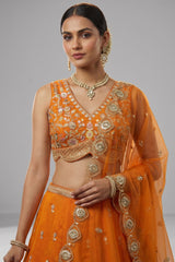 Orange Tissue Lehenga Choli with Scalloped Jharokha and Peacock Embroidery