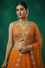 Orange Tissue Lehenga Choli with Scalloped Jharokha and Peacock Embroidery