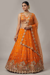 Orange Tissue Lehenga Choli with Scalloped Jharokha and Peacock Embroidery