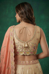 Chiku Beige Tissue Lehenga Choli with Elephant Motifs & Contrast Coral Dupatta