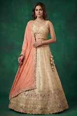 Chiku Beige Tissue Lehenga Choli with Elephant Motifs & Contrast Coral Dupatta