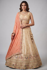 Chiku Beige Tissue Lehenga Choli with Elephant Motifs & Contrast Coral Dupatta
