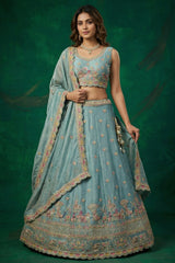 Light Turquoise Tissue Lehenga Choli with Elephant and Peacock Heritage Embroidery