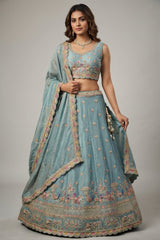 Light Turquoise Tissue Lehenga Choli with Elephant and Peacock Heritage Embroidery
