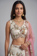 Cream Tissue Lehenga Choli with Contrast Dupatta and Botanical Embroidery