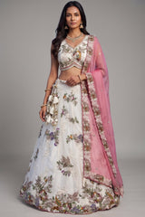 Cream Tissue Lehenga Choli with Contrast Dupatta and Botanical Embroidery