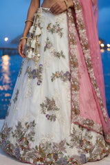 Cream Tissue Lehenga Choli with Contrast Dupatta and Botanical Embroidery