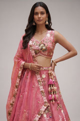 Rose Pink Silk Tissue Lehenga Choli with Scalloped Floral Embroidery
