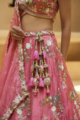 Rose Pink Silk Tissue Lehenga Choli with Scalloped Floral Embroidery