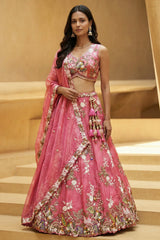 Rose Pink Silk Tissue Lehenga Choli with Scalloped Floral Embroidery