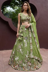 Pista Green Tissue Lehenga Choli with Botanical Embroidery and Tassels