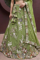 Pista Green Tissue Lehenga Choli with Botanical Embroidery and Tassels