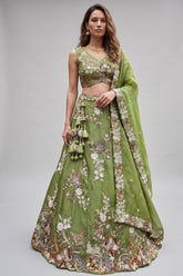 Pista Green Tissue Lehenga Choli with Botanical Embroidery and Tassels