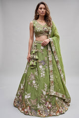 Pista Green Tissue Lehenga Choli with Botanical Embroidery and Tassels