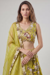 Lime Yellow Tissue Lehenga Choli with Scalloped Floral Embroidery