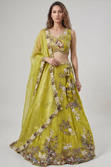 Lime Yellow Tissue Lehenga Choli with Scalloped Floral Embroidery