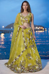 Lime Yellow Tissue Lehenga Choli with Scalloped Floral Embroidery