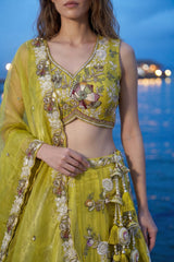 Lime Yellow Tissue Lehenga Choli with Scalloped Floral Embroidery