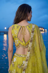 Lime Yellow Tissue Lehenga Choli with Scalloped Floral Embroidery