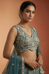 Metallic Teal Tissue Lehenga Choli with Floral Border