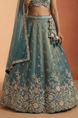 Metallic Teal Tissue Lehenga Choli with Floral Border