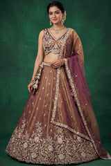 Rust Tissue Lehenga Choli with Embellished Floral Hem