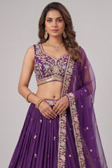 Deep Purple Pleated Georgette Lehenga Choli with Floral Embroidery