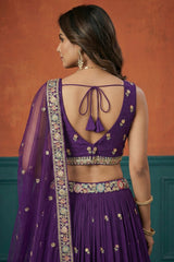 Deep Purple Pleated Georgette Lehenga Choli with Floral Embroidery