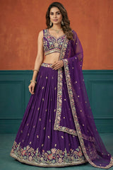 Deep Purple Pleated Georgette Lehenga Choli with Floral Embroidery