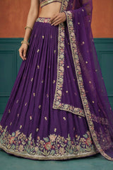 Deep Purple Pleated Georgette Lehenga Choli with Floral Embroidery