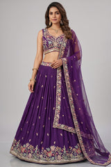Deep Purple Pleated Georgette Lehenga Choli with Floral Embroidery