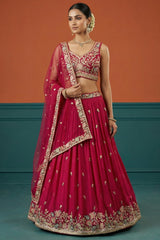 Rani Pink Pleated Georgette Lehenga Choli with Embroidered Border