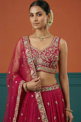 Rani Pink Pleated Georgette Lehenga Choli with Embroidered Border