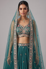 Rama Teal Pleated Georgette Lehenga Choli with Embroidered Hem