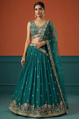 Rama Teal Pleated Georgette Lehenga Choli with Embroidered Hem