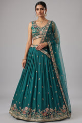 Rama Teal Pleated Georgette Lehenga Choli with Embroidered Hem