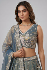 Peacock Blue Tissue Lehenga Choli with Tropical Botanical Embroidery