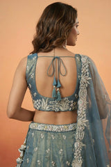 Peacock Blue Tissue Lehenga Choli with Tropical Botanical Embroidery