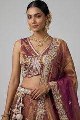 Rust Metallic Tissue Lehenga Choli with Tropical Floral Embroidery