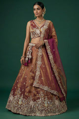 Rust Metallic Tissue Lehenga Choli with Tropical Floral Embroidery