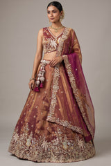 Rust Metallic Tissue Lehenga Choli with Tropical Floral Embroidery