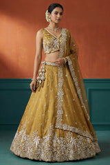 Mustard Yellow Tissue Lehenga Choli with Botanical Zardozi Embroidery