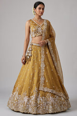 Mustard Yellow Tissue Lehenga Choli with Botanical Zardozi Embroidery